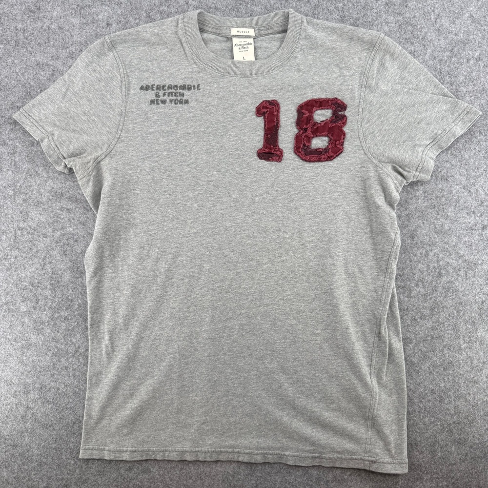 Y2K Abercrombie & Fitch T-Shirt Mens L Muscle Gray Applique 18 Embroidered EUC